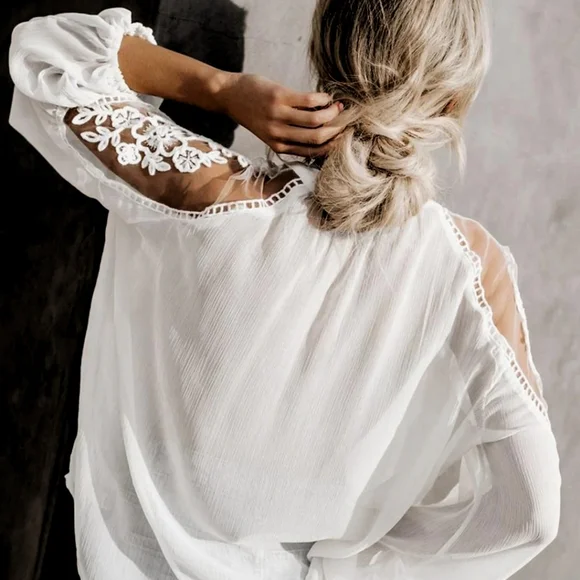 NEW Boho Embroidered Sheer Bishop Sleeve Gypsy Top Off White - Picture 2 of 10